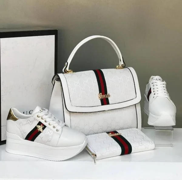 GUCCI ensemble 3 pièces Tennis - Sac à main -Pochette - Blanc - Neuf