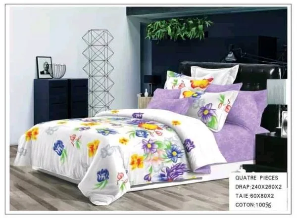 Drap Coton 2 Places - 4 Pièces-2 Draps-2taies