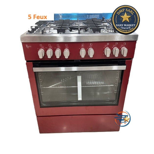 Cuisinière à gaz ROCH 5 feux 60x90 rouge avec grand four et grill disponible chez DANY MARKET.